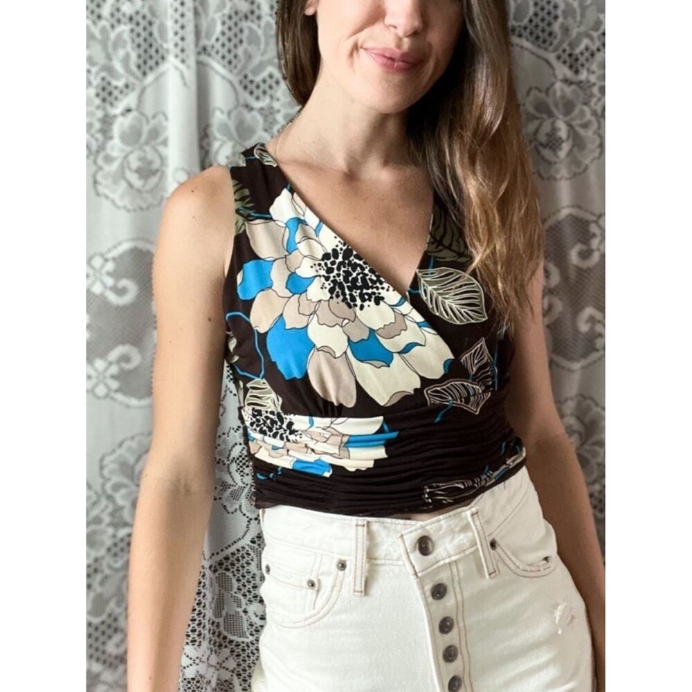Y2K Evan Picone Brown Floral Cropped Top Sleeveless Stretch Tank
